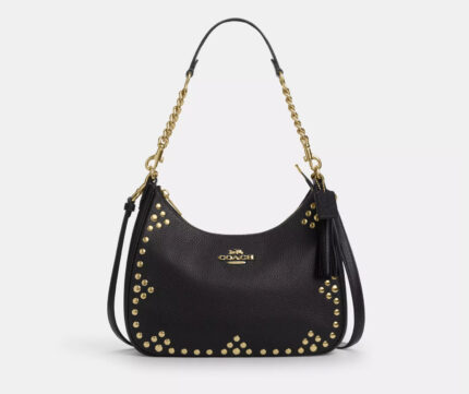 NWT Coach Leather Teri Hobo Bag With Rivets In Gold/Black