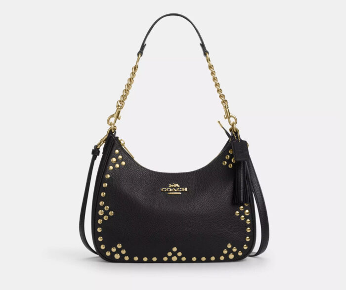 NWT Coach Leather Teri Hobo Bag With Rivets In Gold/Black