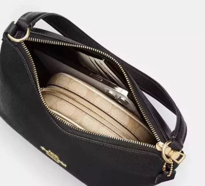 NWT Coach Zip Top Shoulder Bag In Crossgrain Leather Gold/Black - Image 3