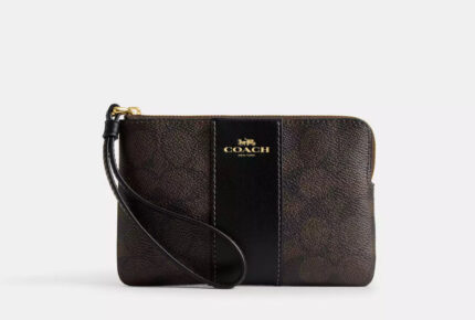 NWT Coach Signature Canvas & Leather Corner Zip Wristlet Wallet Walnut/Black