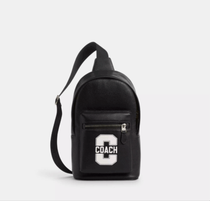 NWT Coach Leather West Pack Sling Bag with Varsity Motif In Black
