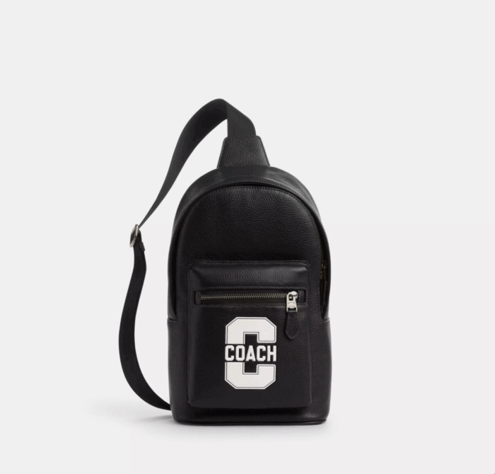NWT Coach Leather West Pack Sling Bag with Varsity Motif In Black