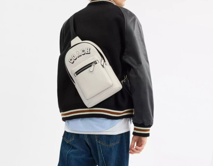 NWT Coach Leather West Pack Sling Bag with Varsity Motif In Chalk/Black - Image 2