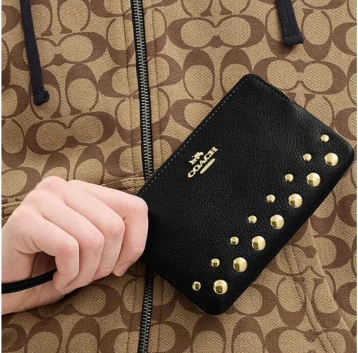 NWT Corner Zip Leather Wristlet with Rivets In Black - Image 2
