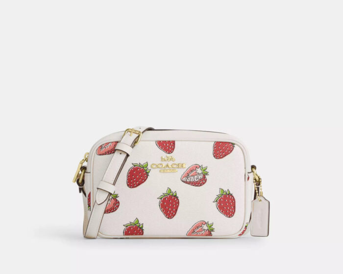 NWT Coach Mini Jamie Camera Bag With Strawberry Print In Chalk/Red