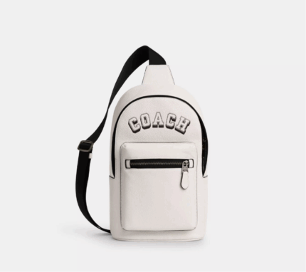 NWT Coach Leather West Pack Sling Bag with Varsity Motif In Chalk/Black