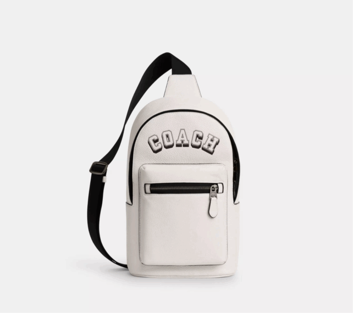 NWT Coach Leather West Pack Sling Bag with Varsity Motif In Chalk/Black